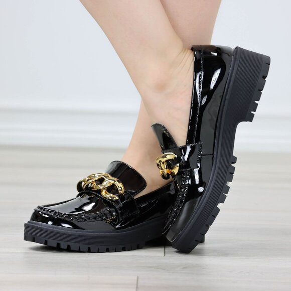 Womens Chunky Penny Loafer Lug Sole Slip On Platform Black Patent Gold Chain - Picture 14 of 15